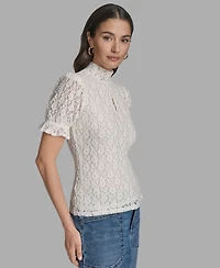 Bcbg Women's Short Sleeve Lace Ruffle Top