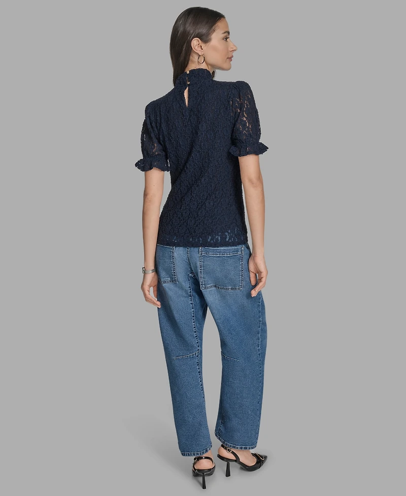 Bcbg Women's Short Sleeve Lace Ruffle Top