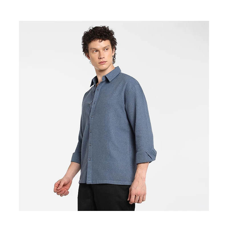 Campus Sutra Men's Lapis Blue Waffle-Knit Shirt