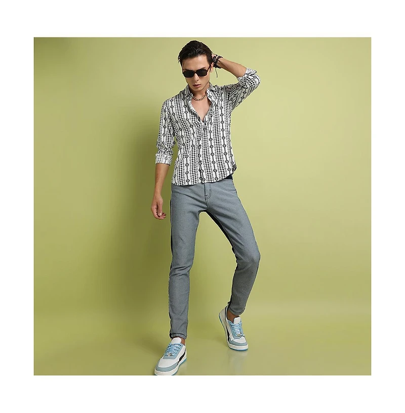 Campus Sutra Men's Black & Grey Geometric Aztec Print Shirt