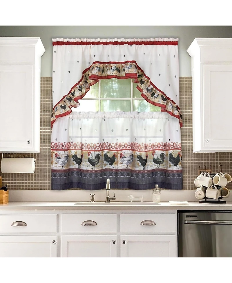 Kate Aurora Retro Rooster Complete 3 Piece Kitchen Curtain Tier and Swag Valance Set - 57 in. W x 36 in. L