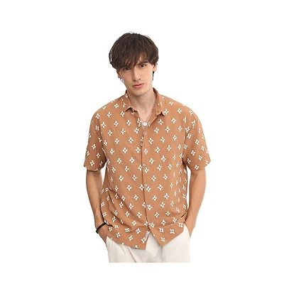 Campus Sutra Men's Tan Brown Floral-Tactile Oversized Shirt
