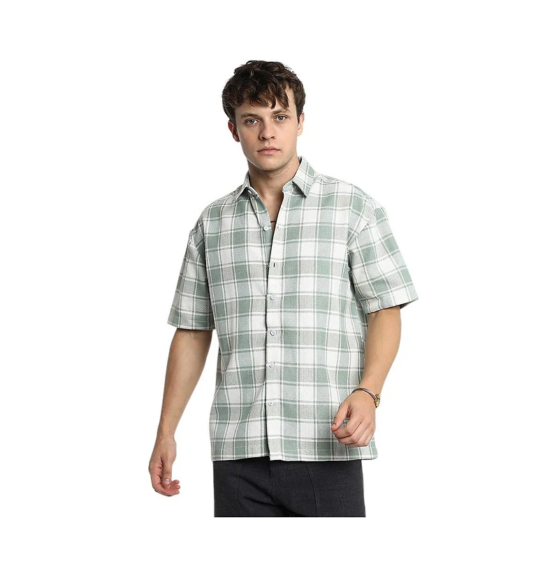 Campus Sutra Men's Sage Green & Powder White Buffalo Check Shirt
