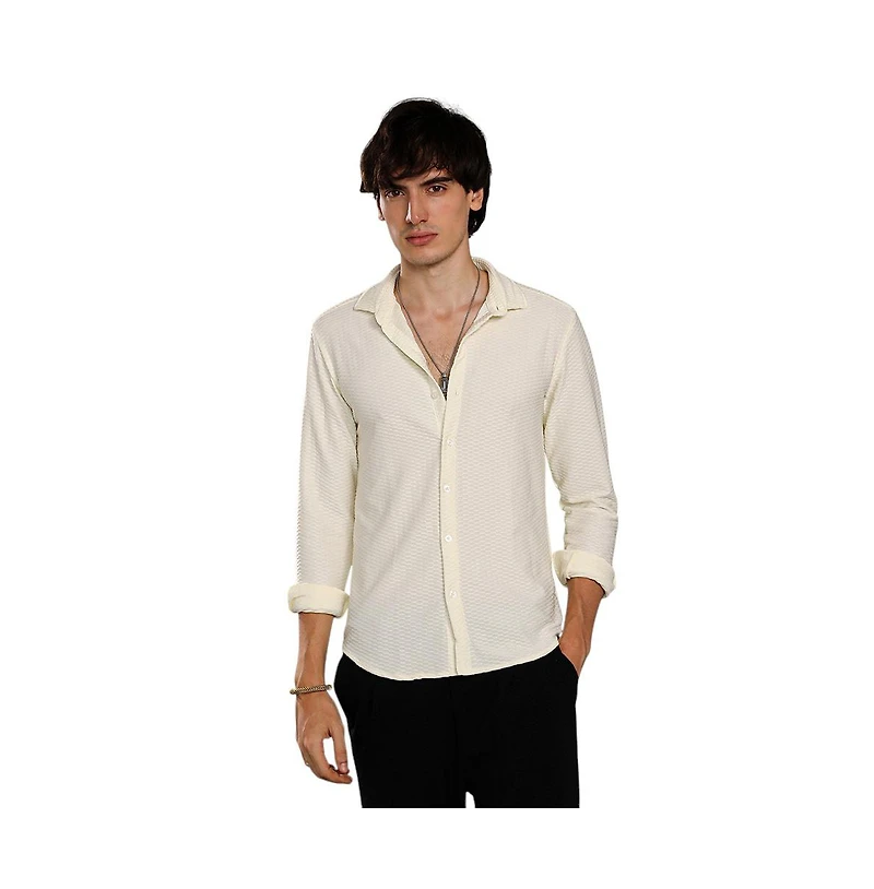 Campus Sutra Men's Pale Yellow Hive-Textured Shirt