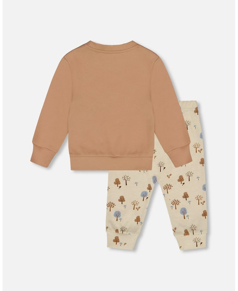 Deux par Baby Boy Cotton Pant and Top Set Beige Tree Print