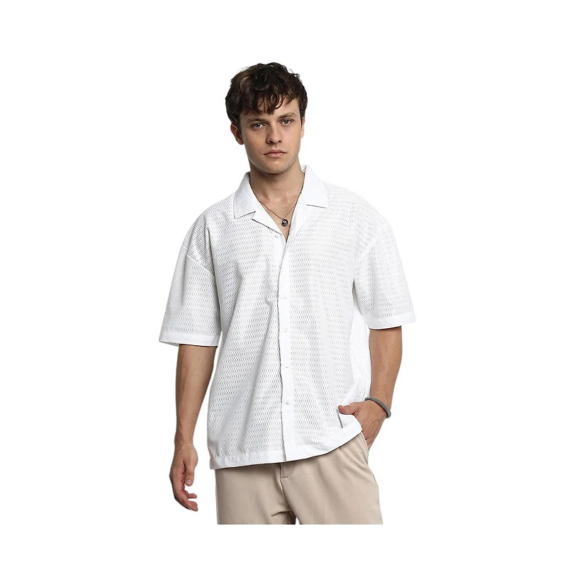 Campus Sutra Men's Chalk White Oversized Honeycomb Shirt