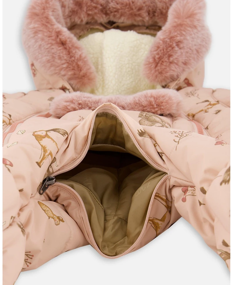 Deux par Baby Girl One-Piece Layette Snowsuit Designed for Car Seat Pink Printed Animal