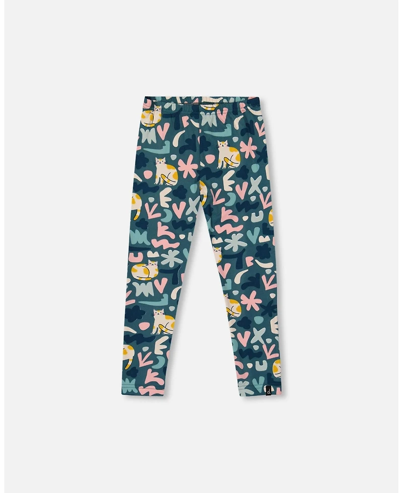 Deux par Girl Stretch Jersey Leggings Green Cat Print