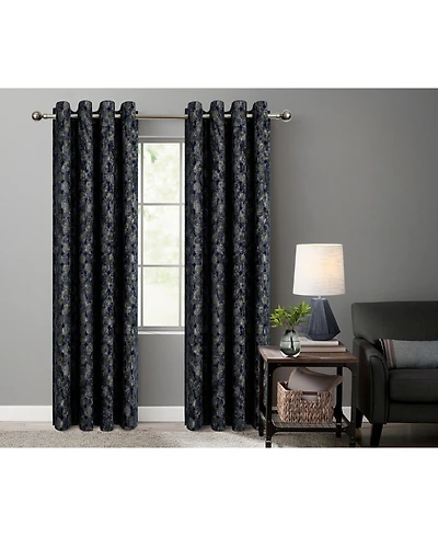 Kate Aurora 2 Piece Contemporary Chic Metallic Abstract Circles Light Filtering Grommet Top Curtains - Navy