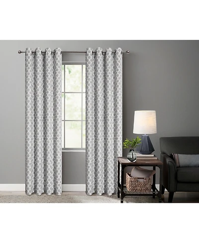 Kate Aurora 2 Piece Contemporary Chic Metallic Abstract Circles Light Filtering Grommet Top Curtains - Navy