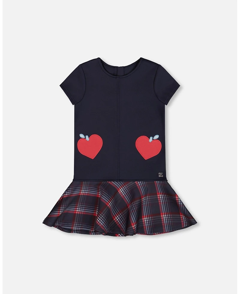 Deux par Toddler Girls Milano Dress Navy Blue with Plaid Flounce - Toddler|Child