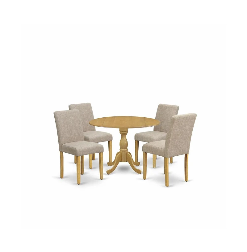 East West Furniture 5 Piece Dining Room Table Set - Oak Wood Dining Table and 4 Light Tan Linen Fabric Dining Room Chairs with High Back