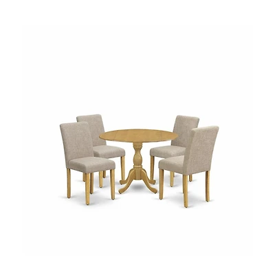 East West Furniture 5 Piece Dining Room Table Set - Oak Wood Dining Table and 4 Light Tan Linen Fabric Dining Room Chairs with High Back