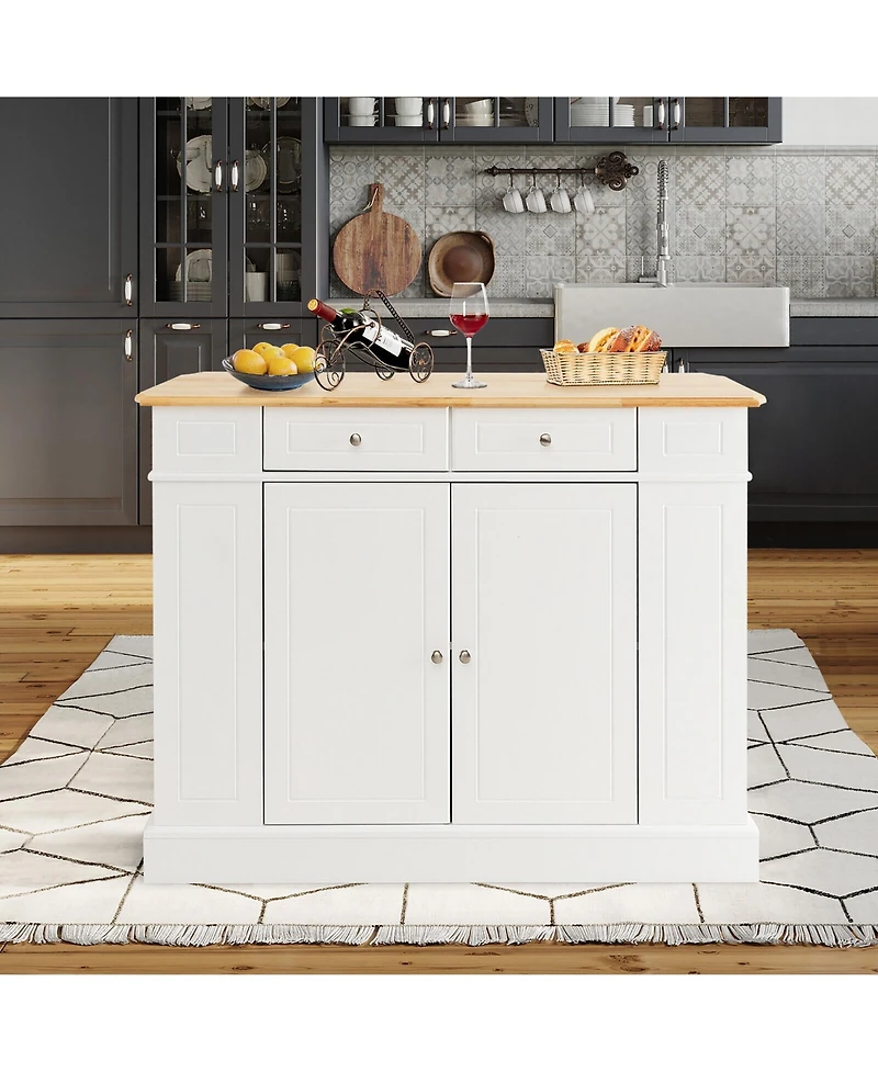 Gymax Large Kitchen Island Drop Leaf Breakfast Bar w/ Wood Top Shelves Drawers