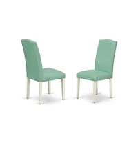 East West Furniture 6-Piece Wood Dining Table Set-Pond Linen Fabric Seat and Button Tufted Chair Back Kitchen chairs, A Rectangular Bench and Rectangu