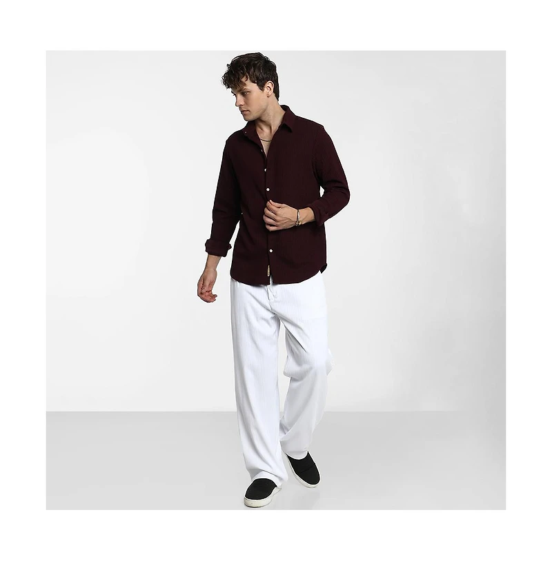 Campus Sutra Men's Maroon Red Stripe-Creased Shirt