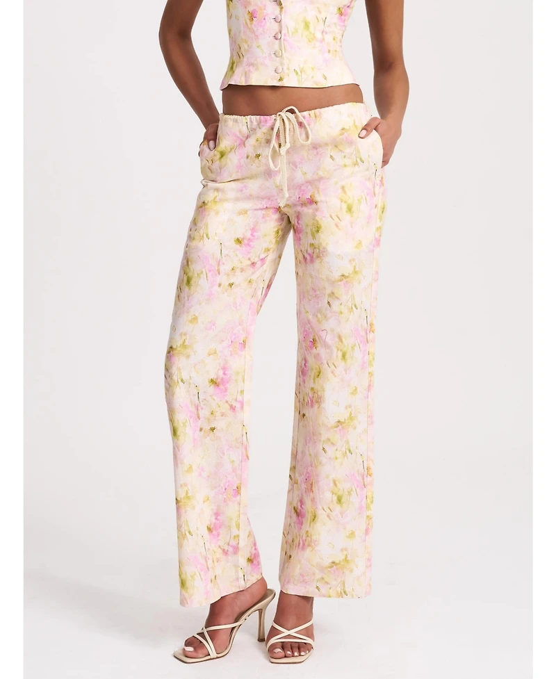 Miss Circle Women's Laureen Pink Floral Print Linen Straight Pants