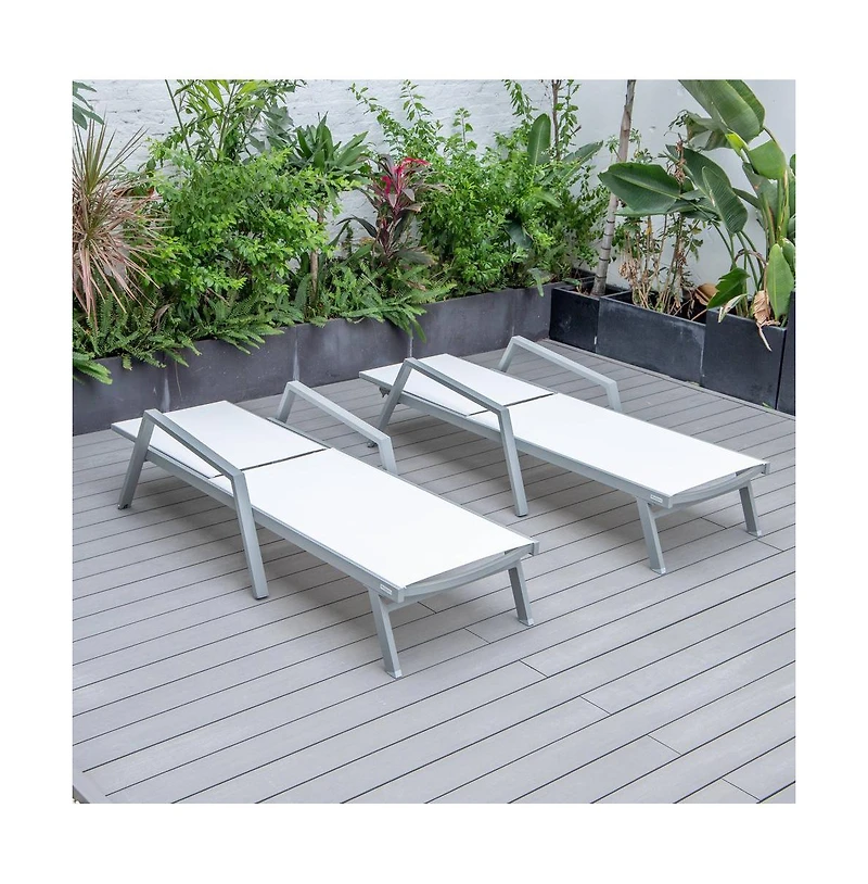 LeisureMod Marlin Patio Chaise Lounge Chair With Armrests in Grey Aluminum Frame