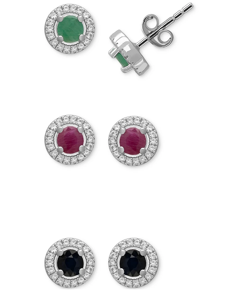 Macy's 3-Pc. Set Emerald (1/2 ct. t.w.), Ruby (5/8 ct. t.w.), Sapphire (5/8 ct. t.w.) & Cubic Zirconia Halo Stud Earrings in Sterling Silver