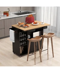 Gymax Kitchen Island Cart w/ Drop-Leaf & Power Outlet Microwave Shelf Wine Rack Drawer