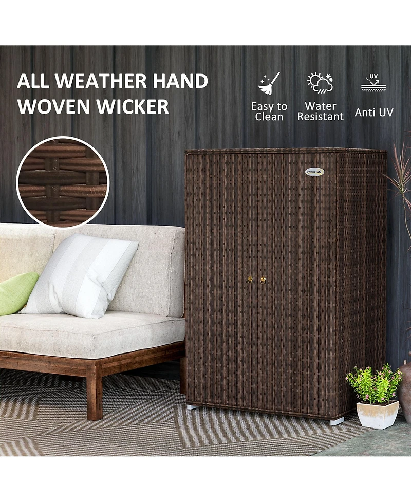 Outsunny Outdoor Wicker Towel Rack for Pool w/ Drawer & Cabinet, Dark