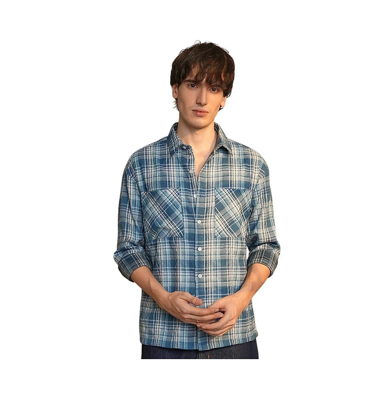 Campus Sutra Men's Steel Blue Tartan Plaid Shirt