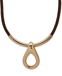 Anne Klein Gold-Tone Rounded Teardrop Leather Pendant Necklace, 16" + 3" extender