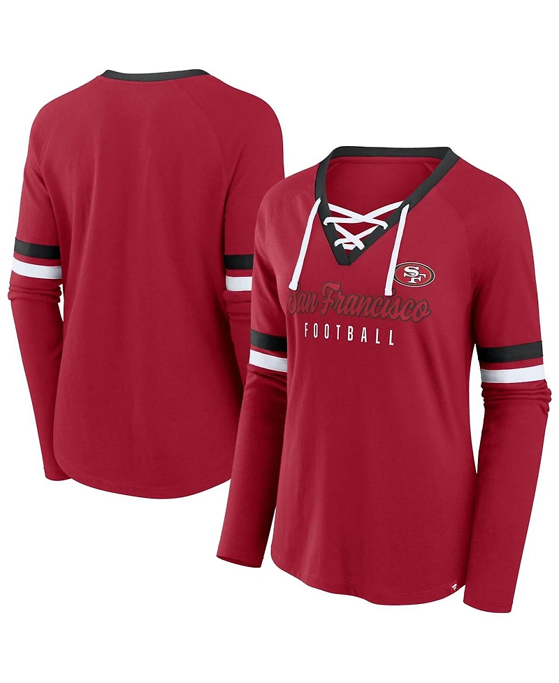 Fanatics Women's Scarlet San Francisco 49ers Plus Won Done Lace-Up V-Neck Long Sleeve T-Shirt