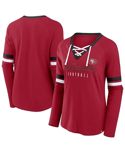 Fanatics Women's Scarlet San Francisco 49ers Plus Won Done Lace-Up V-Neck Long Sleeve T-Shirt