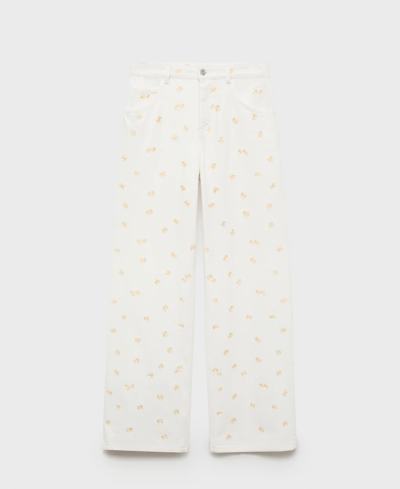 Mango Women's Flower-Embroidered Wide Leg Jeans