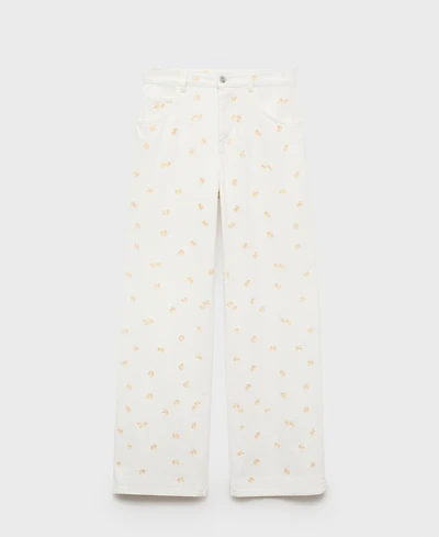 Mango Women's Flower-Embroidered Wide Leg Jeans