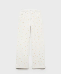 Mango Women's Flower-Embroidered Wide Leg Jeans