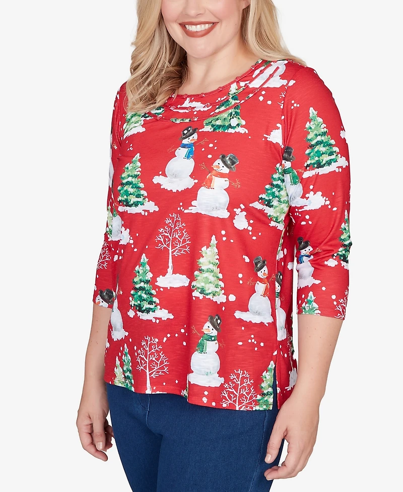 Alfred Dunner Women's Classic Snowmen Printed Crew Neck Top