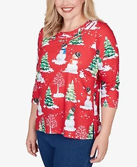 Alfred Dunner Women's Classic Snowmen Printed Crew Neck Top