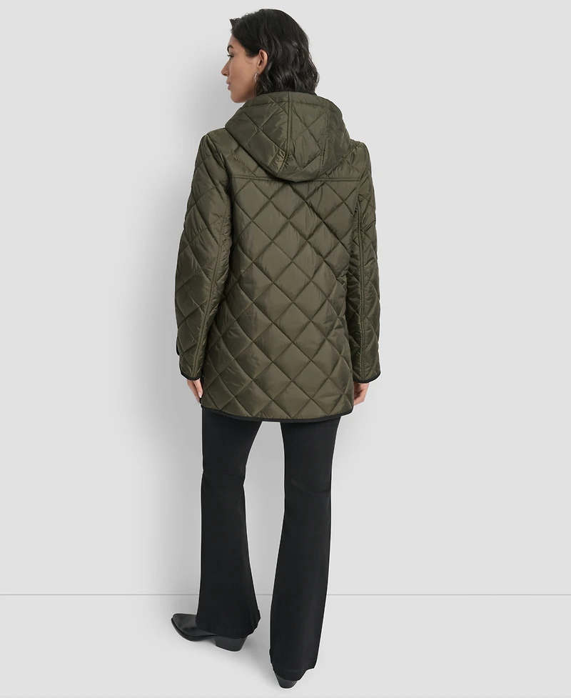 Dkny Women's Corduroy Collar Hooded Quilted Coat