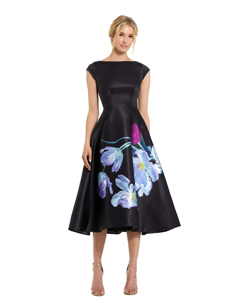 Mac DuggalWomen's Floral Print Cap Sleeve Satin Midi Dress
