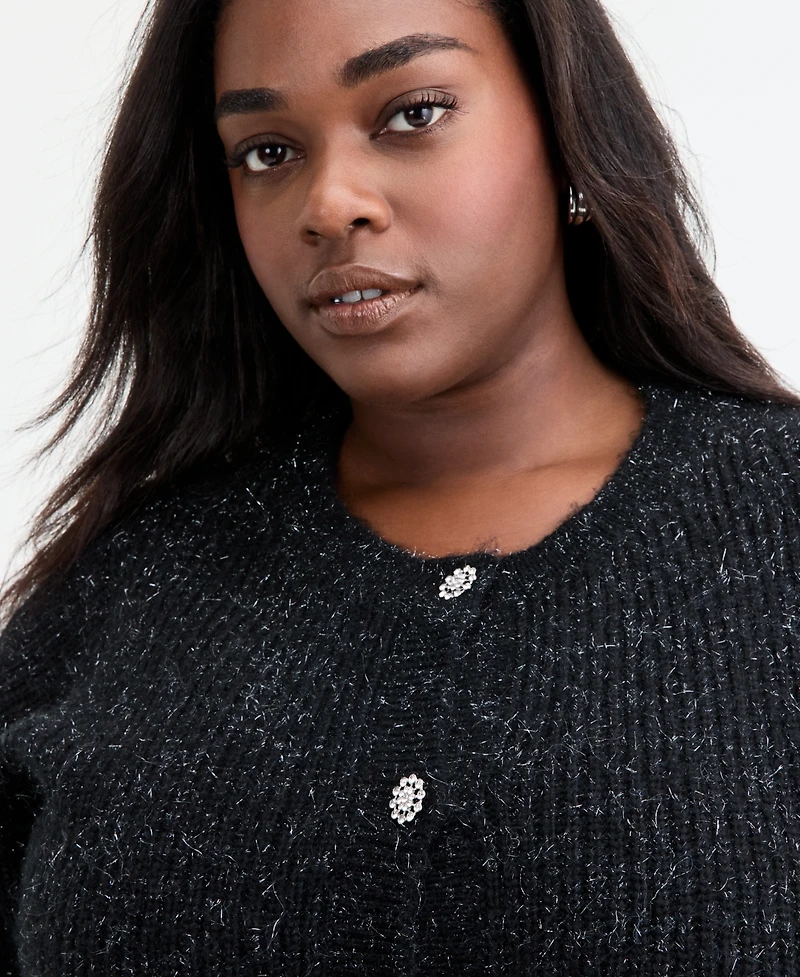 On 34th Trendy Plus Size Metallic Knit Jewel-Button Cardigan, Macy's Exclusive