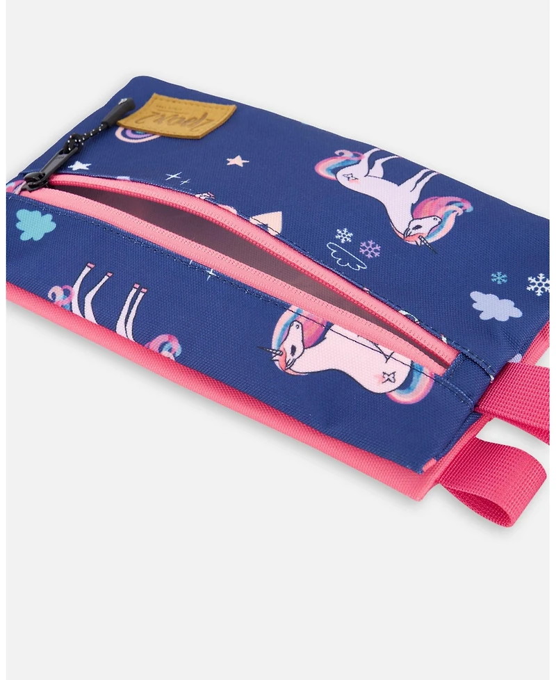 Deux par Deux Girl Double Pencil Case Navy Unicorn Print - Toddler|Child