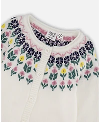 Deux par Girl Jacquard Knit Cardigan Off-White with Floral Pattern - Toddler|Child