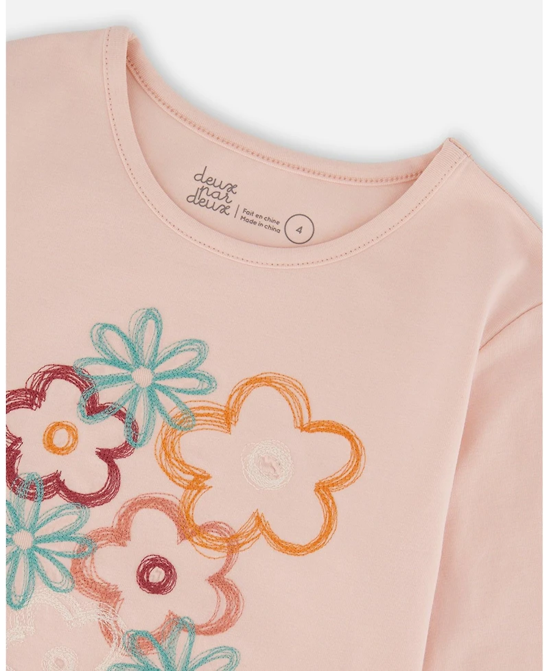 Deux par Toddler Girls Cotton Long Sleeve T-Shirt Light Pink with Flowers - Toddler|Child