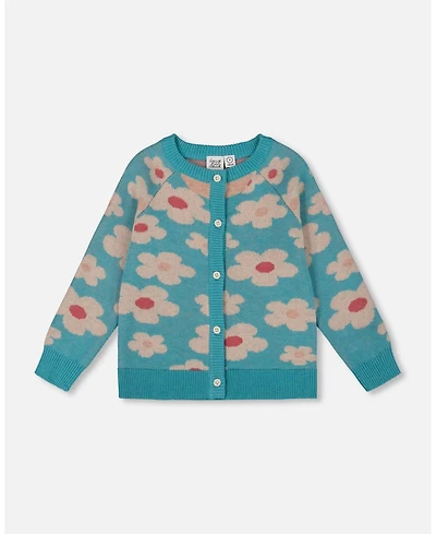 Deux par Girl Button Front Knitted Cardigan Turquoise Blue