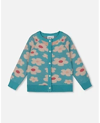 Deux par Girl Button Front Knitted Cardigan Turquoise Blue