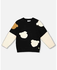 Deux par Girl Knitted Sweater Black with Bear Intarsia