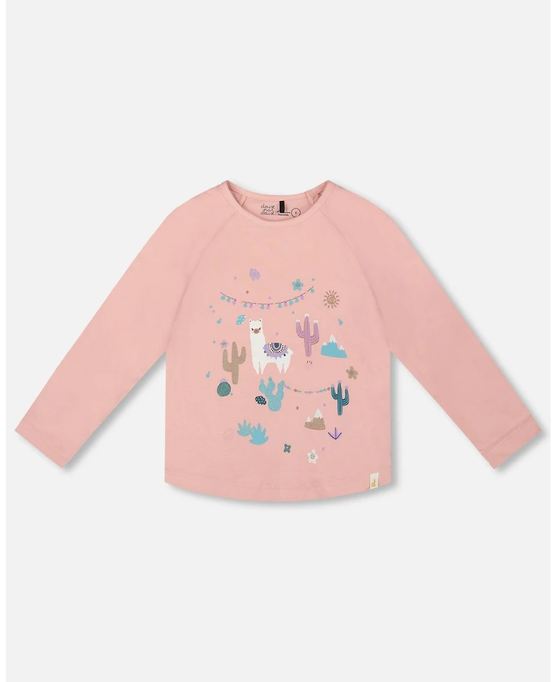 Deux par Big Girls Cotton T-Shirt Dusty Pink with Llama