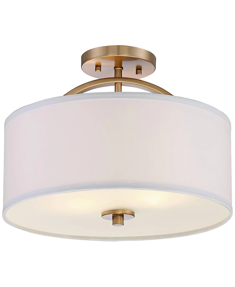 Possini Euro Design Halsted Modern Ceiling Light Semi Flush Mount Fixture 15" Wide Warm Brass 2-Light Oatmeal Linen Drum for Bedroom Living Room