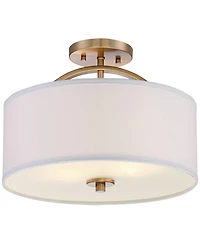 Possini Euro Design Halsted Modern Ceiling Light Semi Flush Mount Fixture 15" Wide Warm Brass 2-Light Oatmeal Linen Drum for Bedroom Living Room
