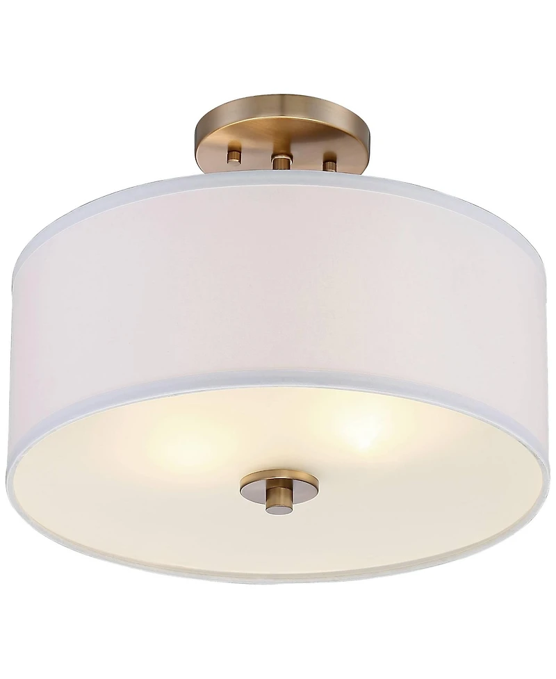 Possini Euro Design Halsted Modern Ceiling Light Semi Flush Mount Fixture 15" Wide Warm Brass 2-Light Oatmeal Linen Drum for Bedroom Living Room