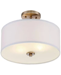 Possini Euro Design Halsted Modern Ceiling Light Semi Flush Mount Fixture 15" Wide Warm Brass 2-Light Oatmeal Linen Drum for Bedroom Living Room