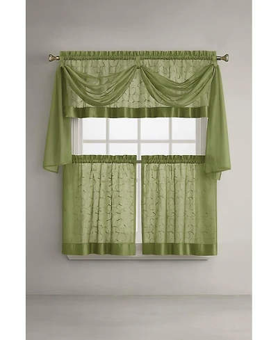 Kate Aurora Living Complete 4 Piece Linen Leaf Embroidered Kitchen Curtain Set - 58 in. W x 36 L, Gold