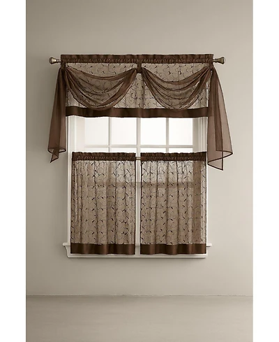 Kate Aurora Living Complete 4 Piece Linen Leaf Embroidered Kitchen Curtain Set - 58 in. W x 36 L, Gold